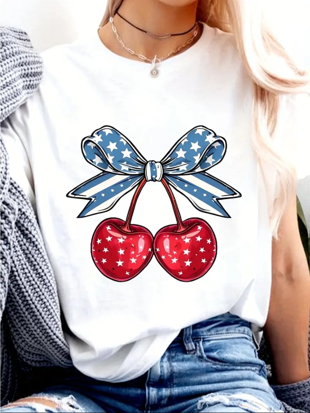 NWOT 100% Cotton Patriotic Cherry Graphic Tee - Red, White & Blue, Size Large